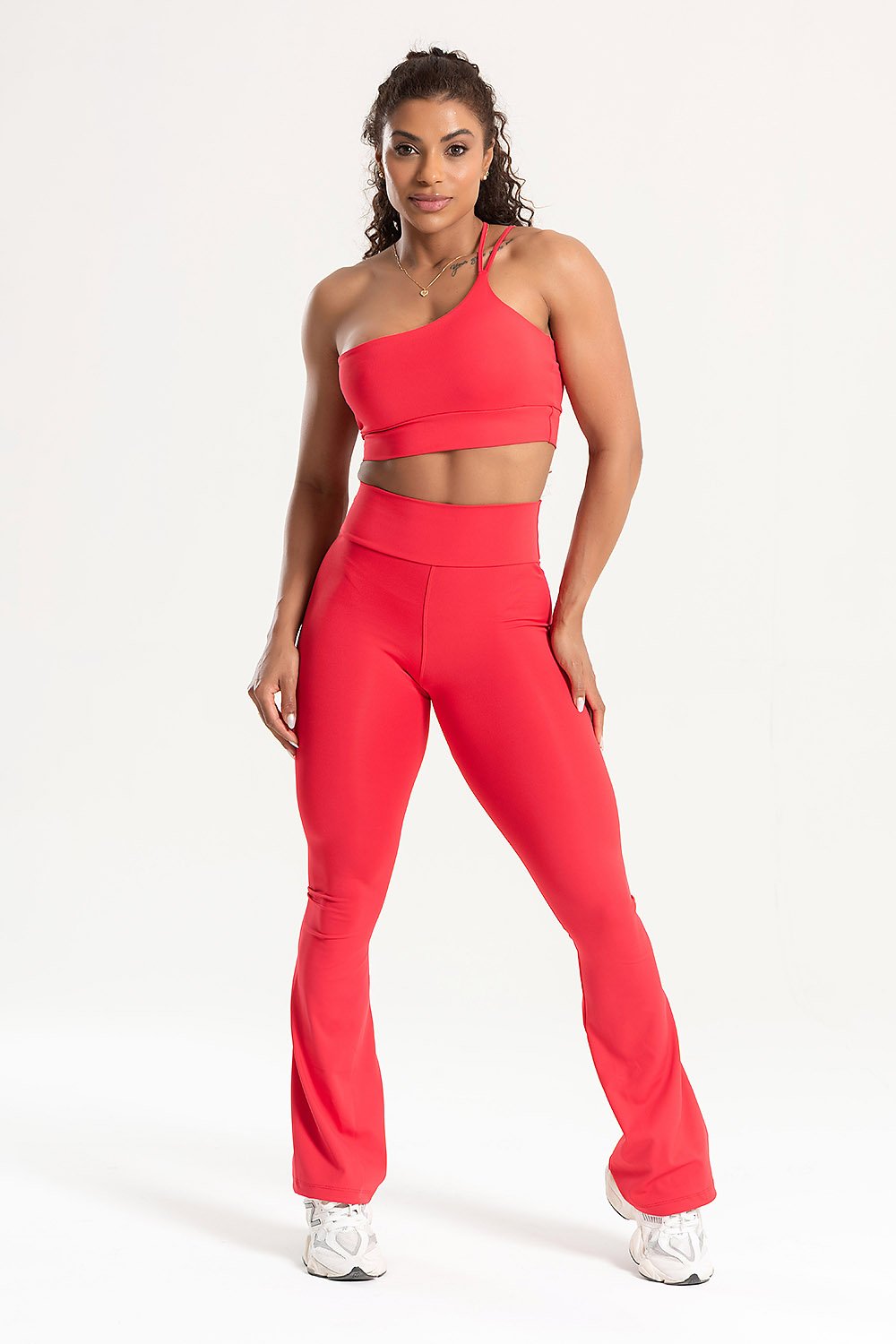 Conjunto Feminino Fitness Legging Flare e Top Ombro Único Vermelho