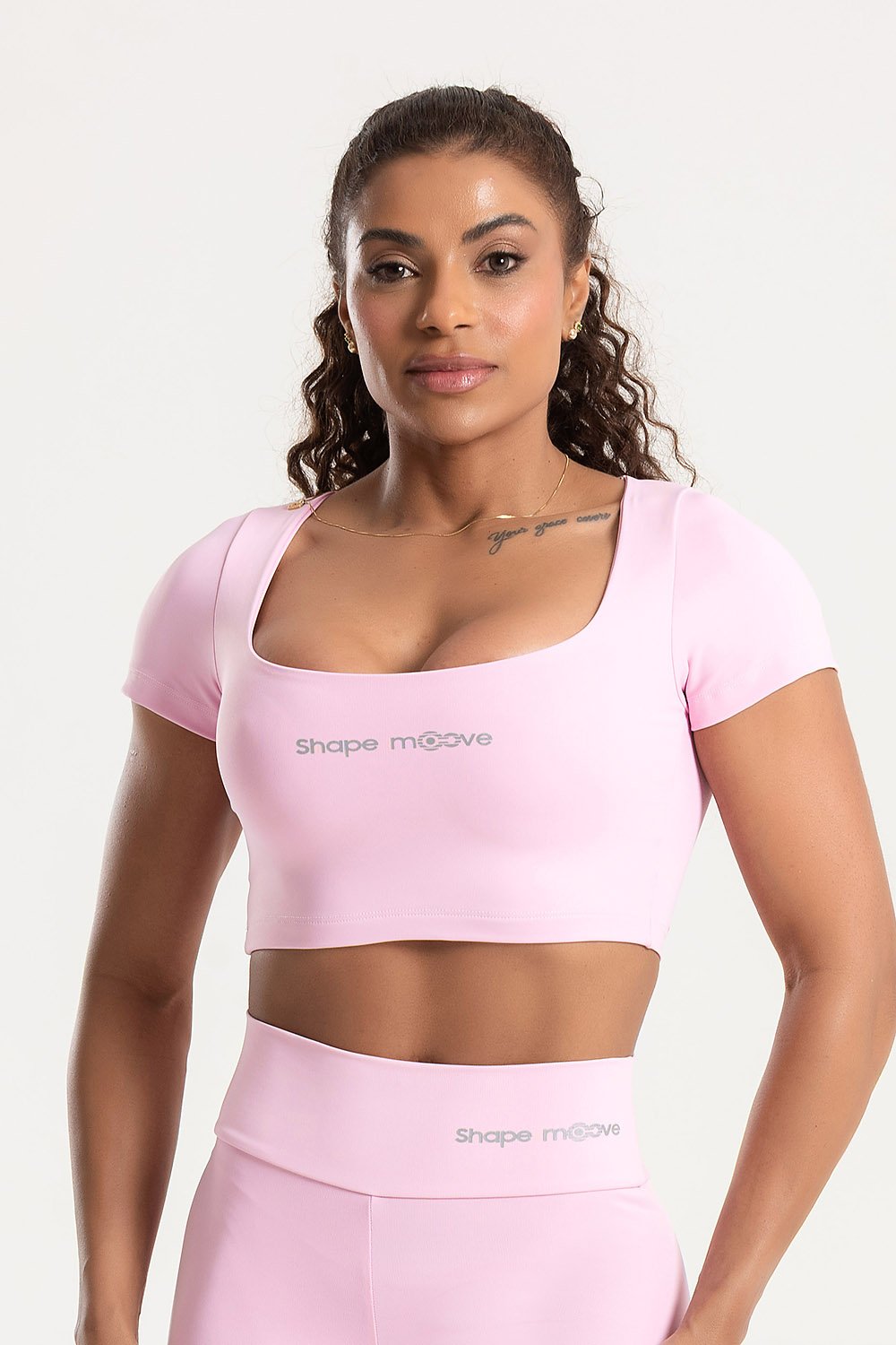 Cropped Manga Curta Rosa Ballet